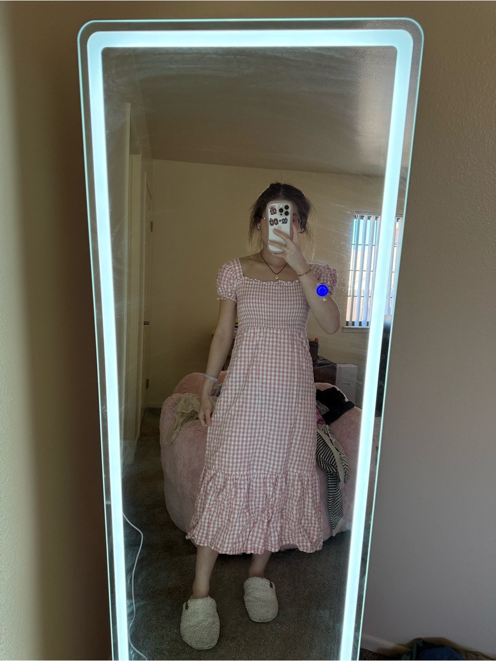 Pink Gingham Puff-Sleeve Midi Dress